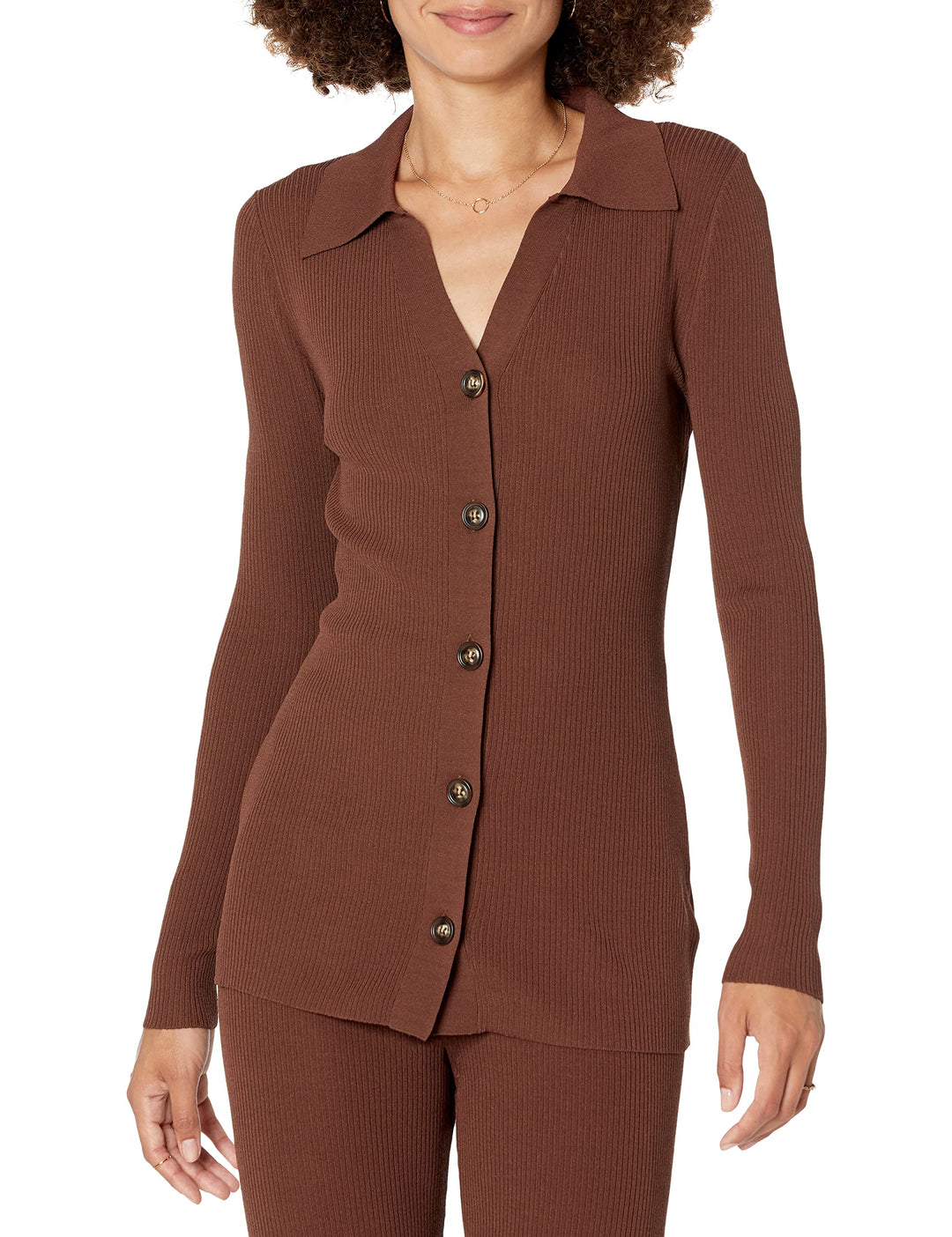 The Drop Constance Ripp-Pullover mit Knopfleiste für Damen S Schokoladenbraun, S Schokoladenbraun