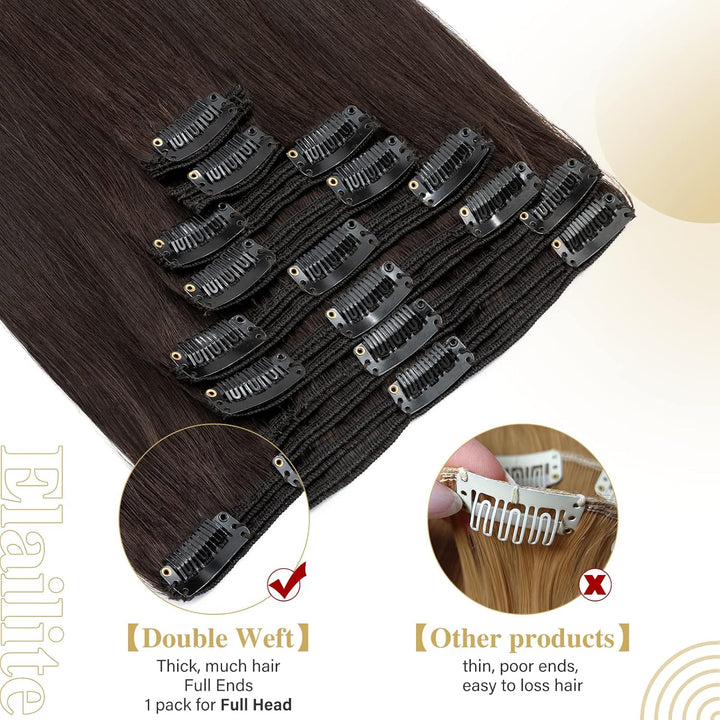 Elailite Echthaar Extensions Clip in 8 Tressen Voller Kopf 140g #2 Dunkelbraun, 45cm Haarverlängerun