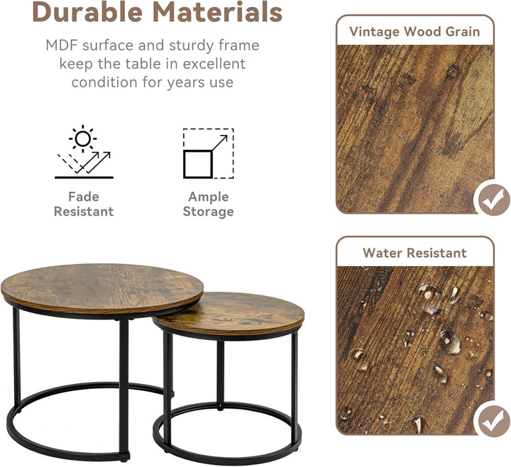 2 Stücke Beistelltisch Set rund, Couchtisch aus Holz mit Metallrahmen,Moderne Kaffeetische Satztisch