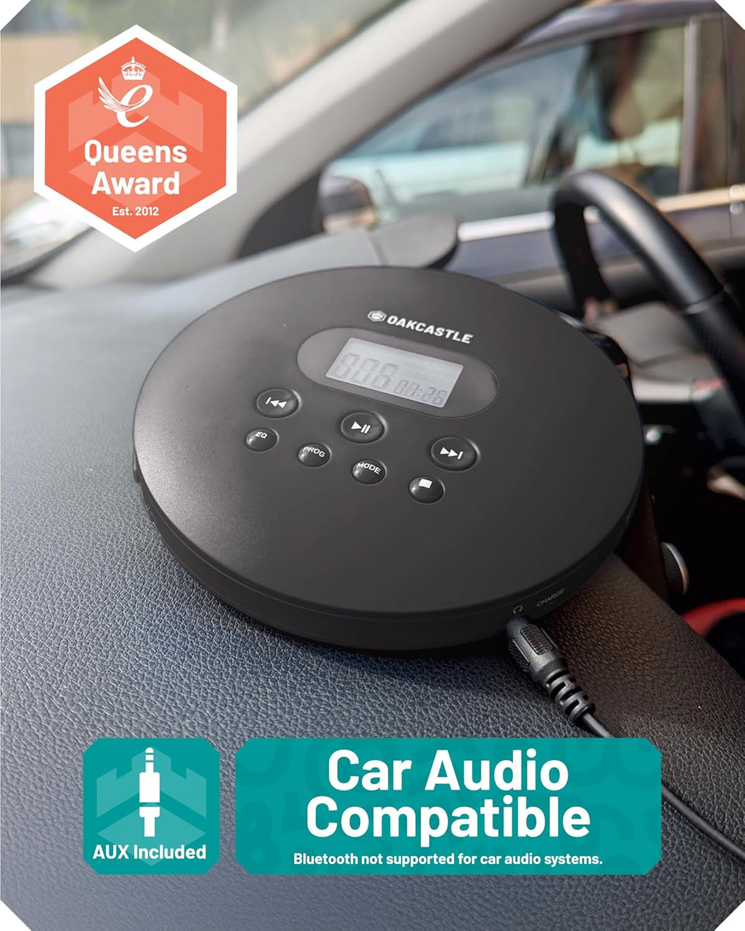 Oakcastle CD100 Tragbarer Retro-CD-Player mit Bluetooth, inklusive Kopfhörer mit Kabel, Kleiner CD P
