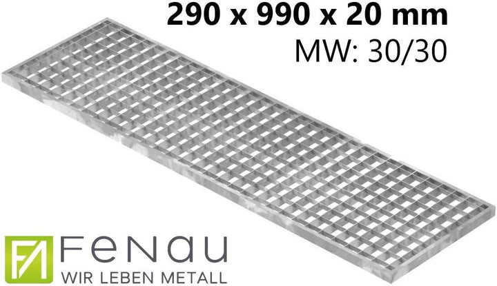 Fenau - 290 x 990 x 20 mm - Gitterrost, MW: 30/30 mm, verzinkt, Rost für Zarge: 300 x 1000 x 23 mm,
