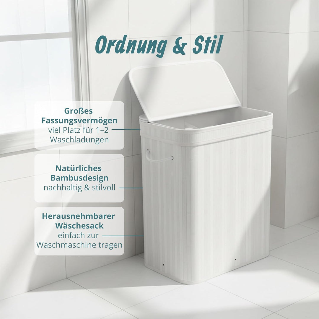Relaxdays Wäschekorb mit Deckel, Bambus, 100 l, 2 Innenfächer, HxBxT: 63 x 52 x 32 cm, Badezimmer Wä