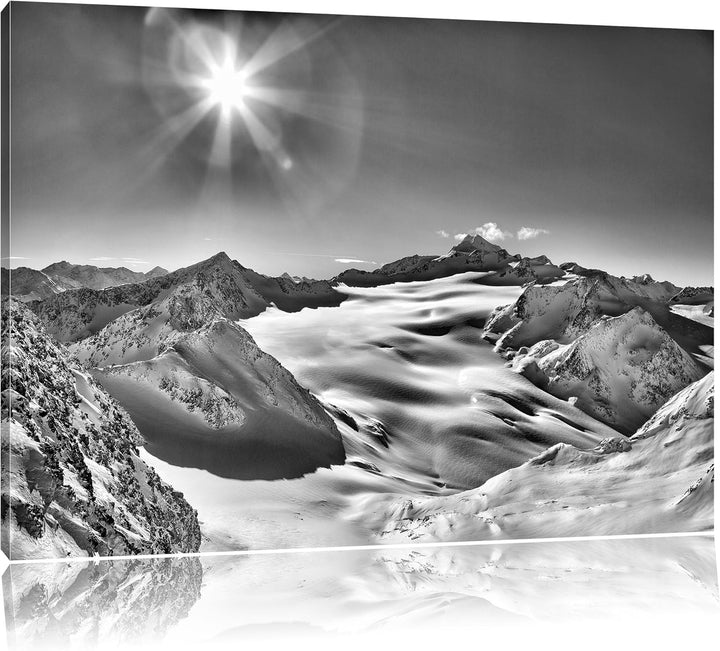 Pixxprint Monocrome, Winterlandschaft Schnee Sonnenschein Wald, Format: 100x70 auf Leinwand, 100x70