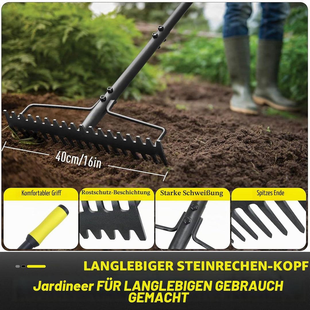 Jardineer Garten Rechen, 150cm Langstiel Metall Rechen, Harke Garten Mit Stiel für Kies, Felsen, Ras