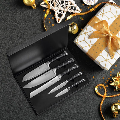 PAUDIN Messerset 5 Teilig, Küchenmesser Set mit Kochmesser, Brotmesser, Santokumesser, Gemüsemesser