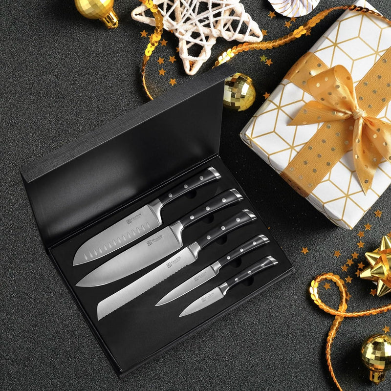 PAUDIN Messerset 5 Teilig, Küchenmesser Set mit Kochmesser, Brotmesser, Santokumesser, Gemüsemesser