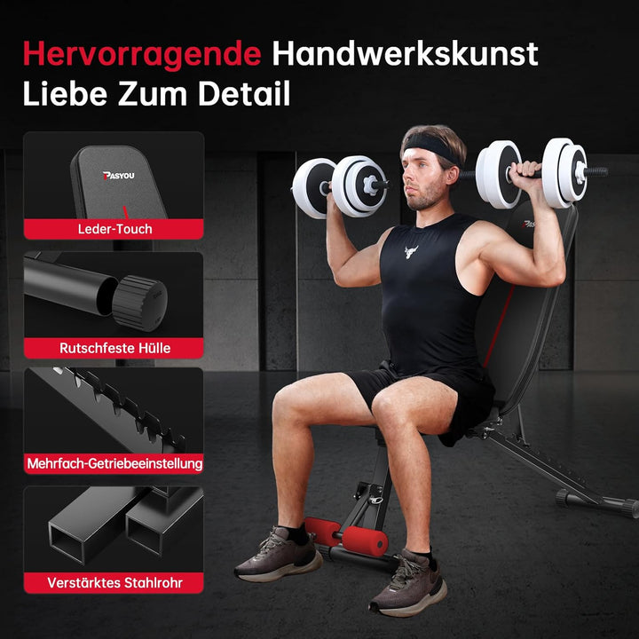 PASYOU Hantelbank Klappbar 10-Fach Verstellbar 90° Grad vertikal Multifunktions Trainingsbank für Ga