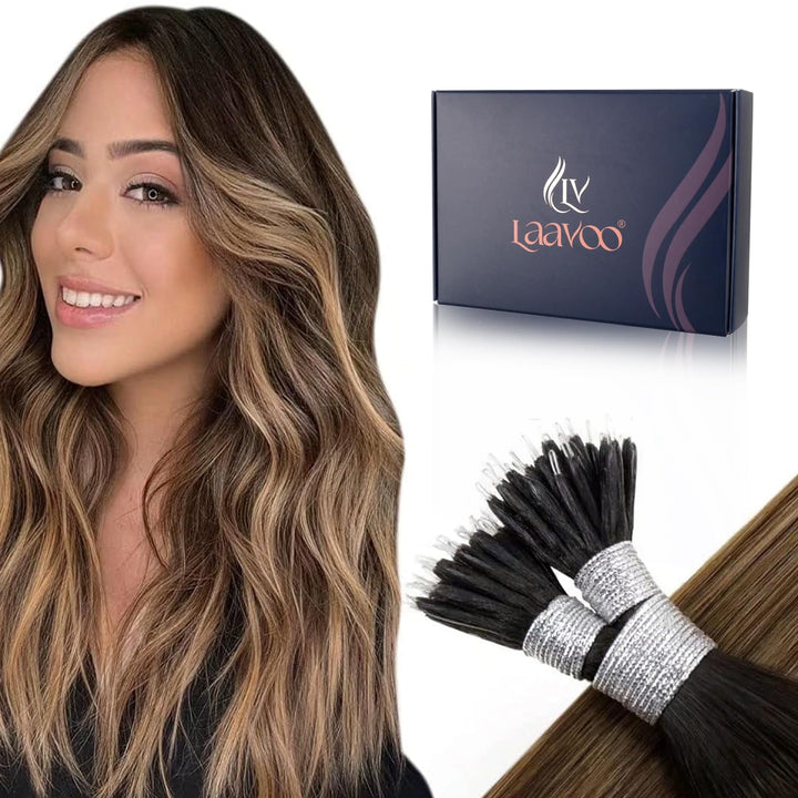 LaaVoo Balayage Echthaar Nanoring Extensions Dunkelstes Braun mit Mittel Braun und Aschblond 35 cm C