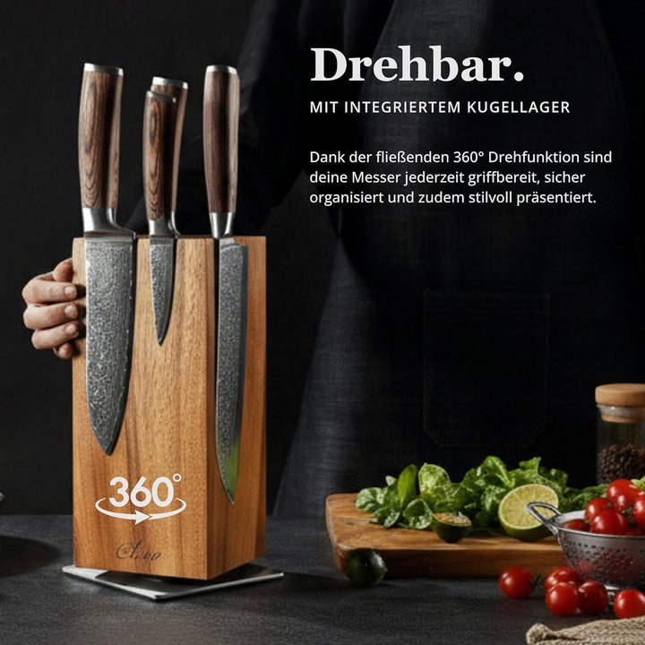 Maestro Messerblock magnetisch 360° drehbar Messerhalter aus massivem Akazienholz mit Edelstahlbasis