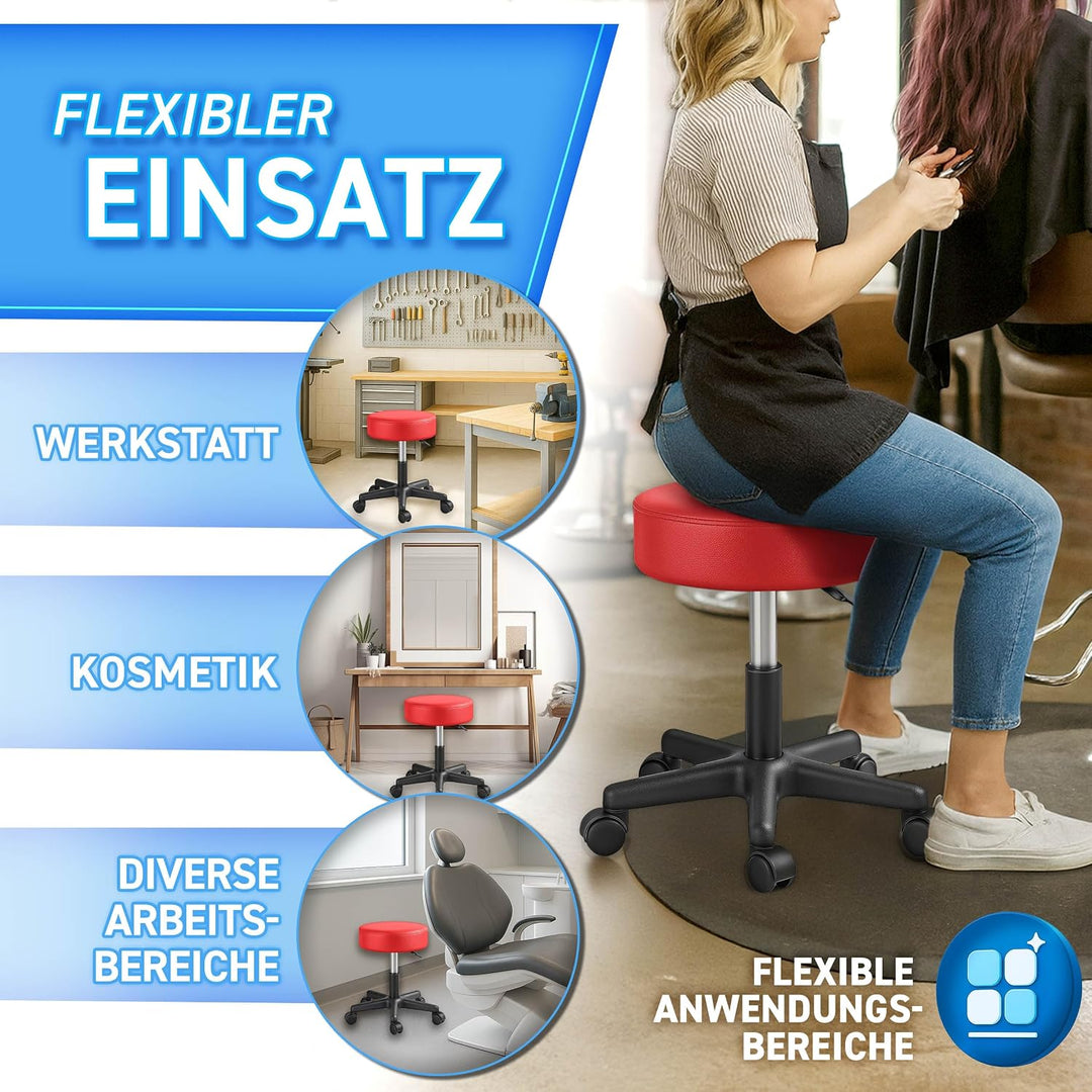 TRESKO® Rollhocker höhenverstellbar 10 cm Dicke Polsterung bis 150 kg | Hocker 47-60cm | Arbeitshock