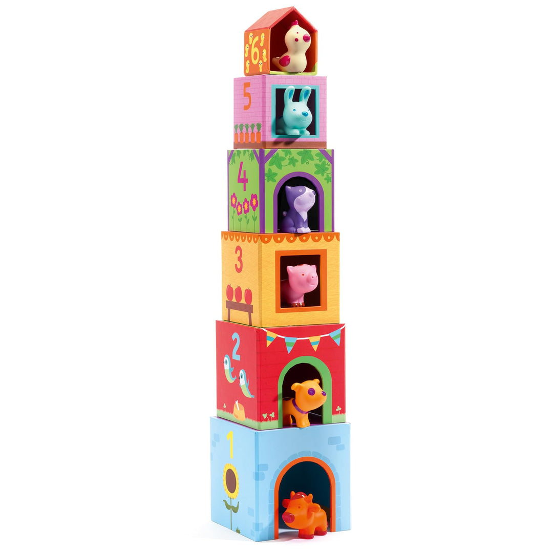 Djeco DJE-108 23482 Stapelspielzeug Stapelwürfel: Topanifarm, 18M+ Mehrfarbig, Mehrfarbig
