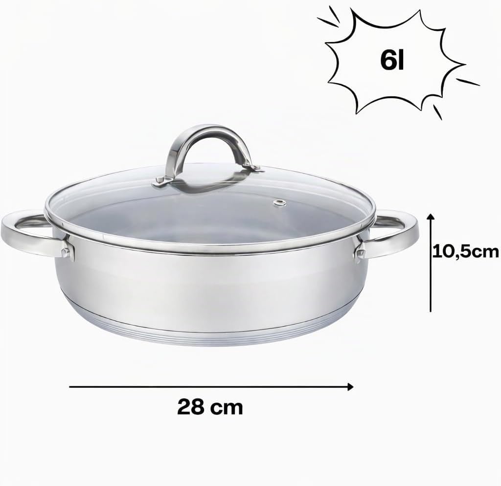 Flach Topf mit Deckel in vielen Grössen Kochtopf Töpfe Induktion Edelstahl (6L/∅28cm), 6L/&amp;