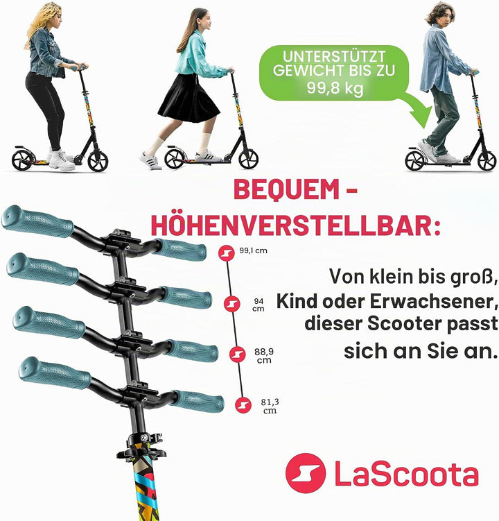 Lascoota Roller für Kinder ab 8 Jahren- Tretroller Erwachsene – Klappbar & Höhenverstellbar – Federu