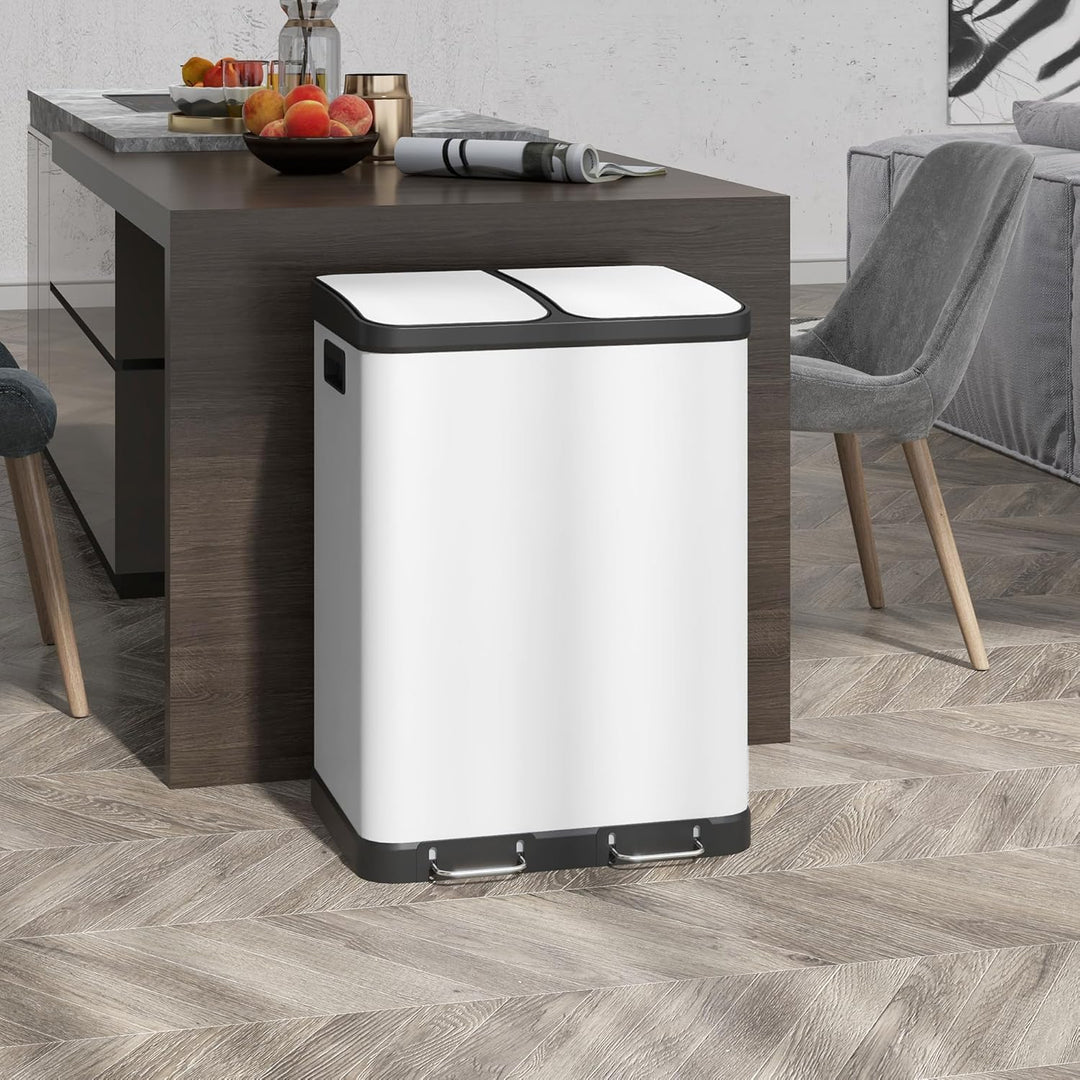 HOMCOM Mülltrennsystem 2 x 30L mit 2 Fächern Softclose-Deckel Metall Weiss, Weiss