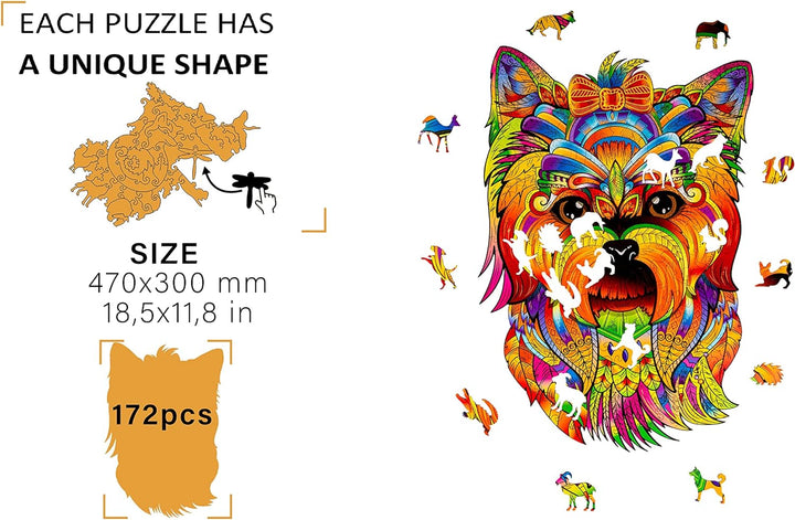 WOODVIO - Holzpuzzle für Erwachsene und Kinder - Yorkie, Fantasy-Puzzle in Tierform, 172 einzigartig