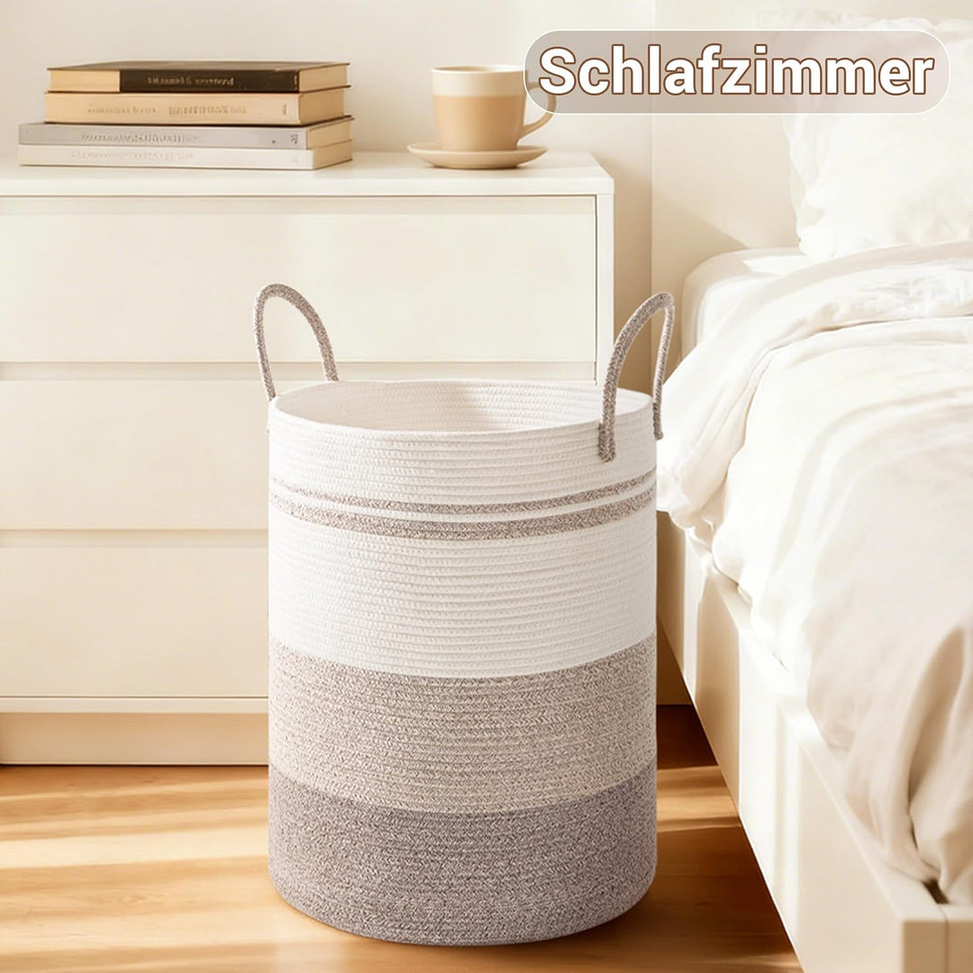 Wäschekorb,Aufbewahrungskorb,Geflochten Korb,53L Klein Rund Wäschesammler mit Baumwoll Henkel für Ki
