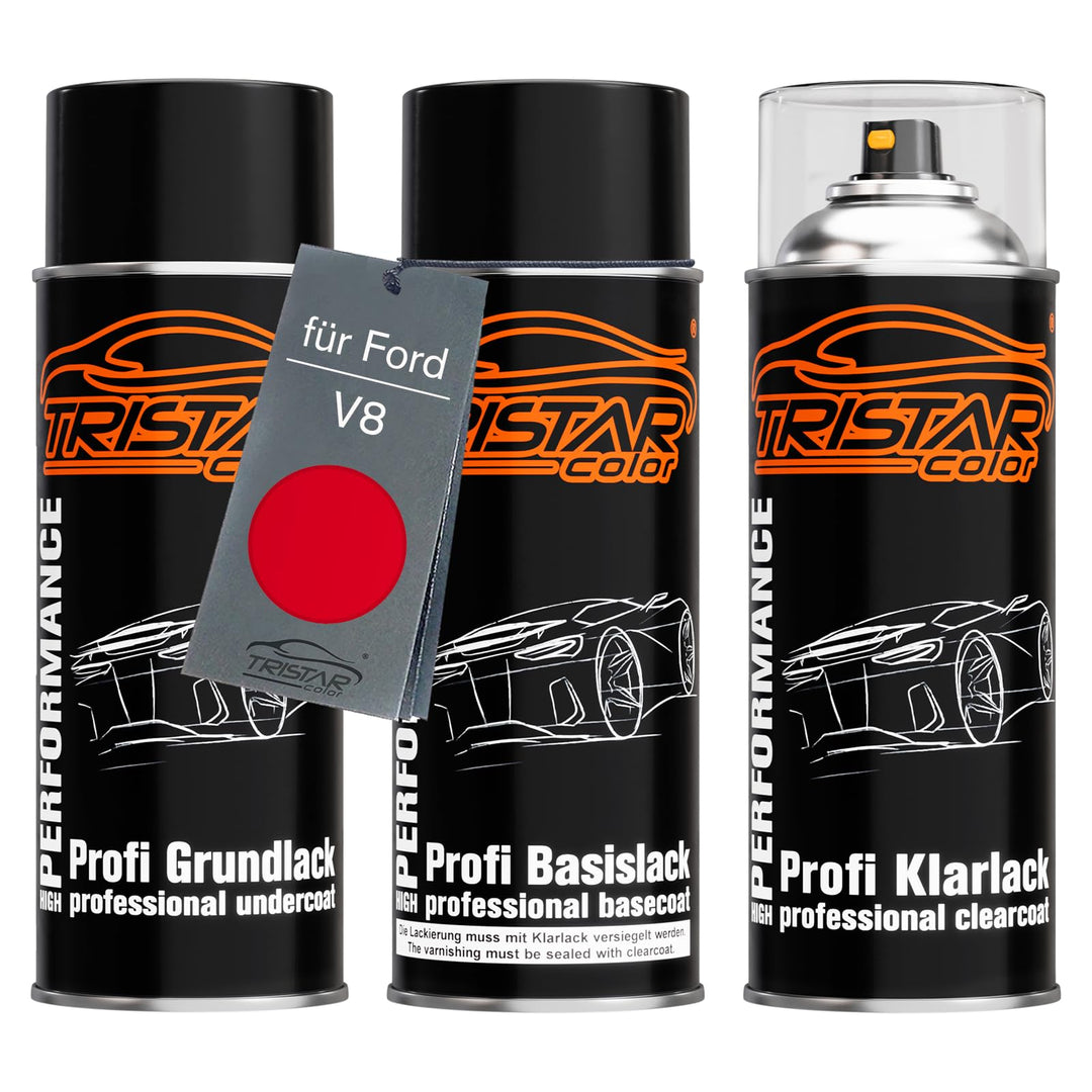 Autolack Spraydosen Set für Ford V8 Radiant Red Grundlack Basislack Klarlack Sprühdose 400ml