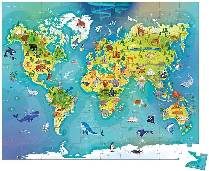 Janod - Kinderpuzzle Die Welt 100 Teile - Lernspiel Feinmotorik und Konzentration - Koffer mit Griff