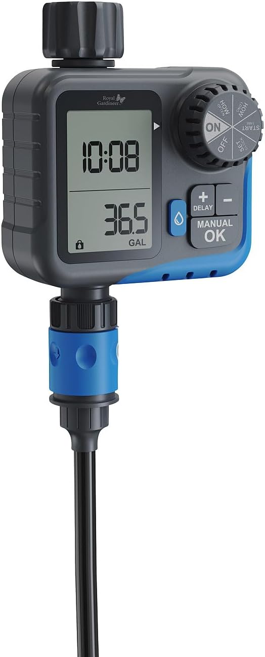 Royal Gardineer Garten Bewässerungsuhr: Digitaler 2in1-Bewässerungscomputer und -Wasserzähler, 3/4"-