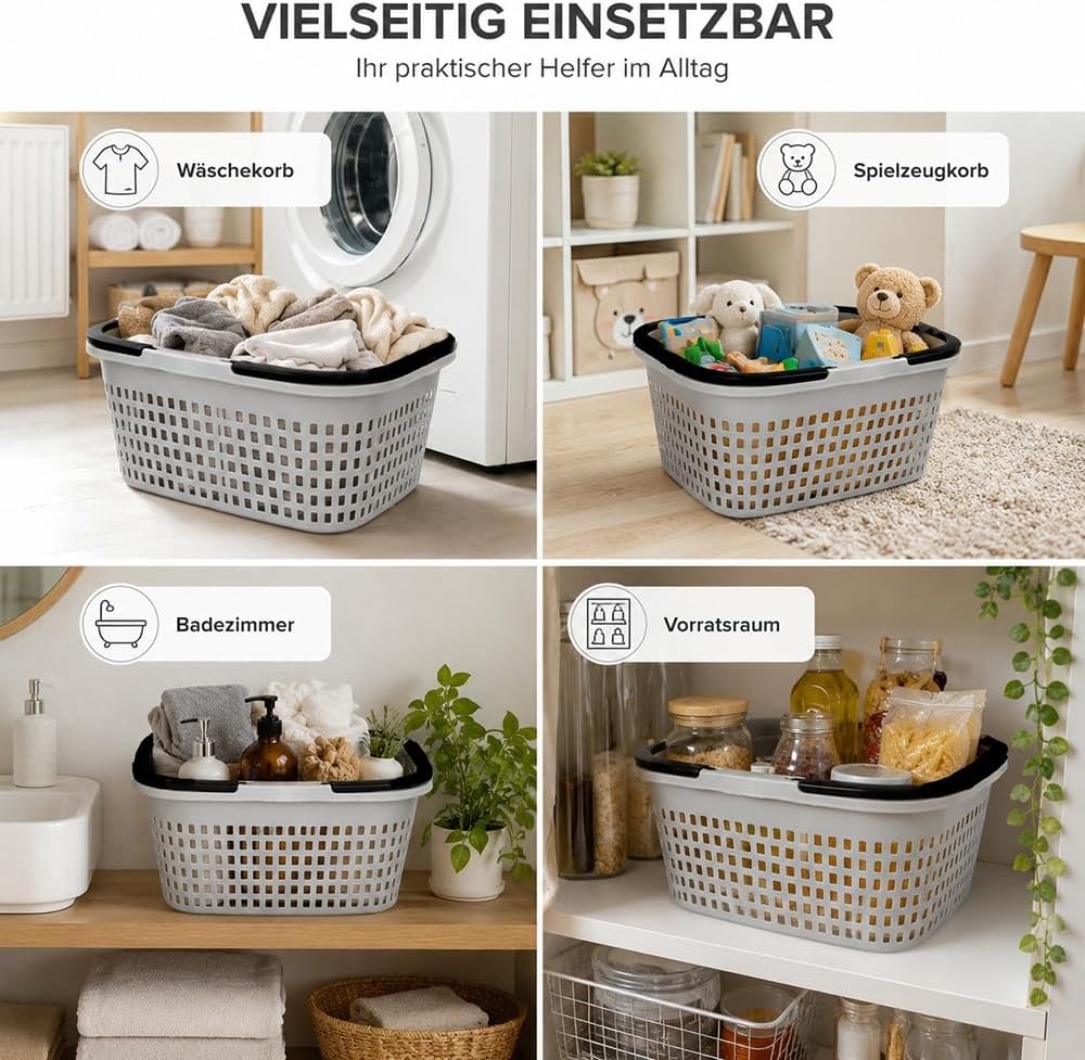HRB Einkaufskorb mit 2 Henkeln klappbar, Kunststoff, Belüftungslöcher (3, Grau) Grau 3, Grau 3