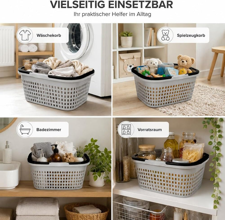 HRB Einkaufskorb mit 2 Henkeln klappbar, Kunststoff, Belüftungslöcher (3, Grau) Grau 3, Grau 3