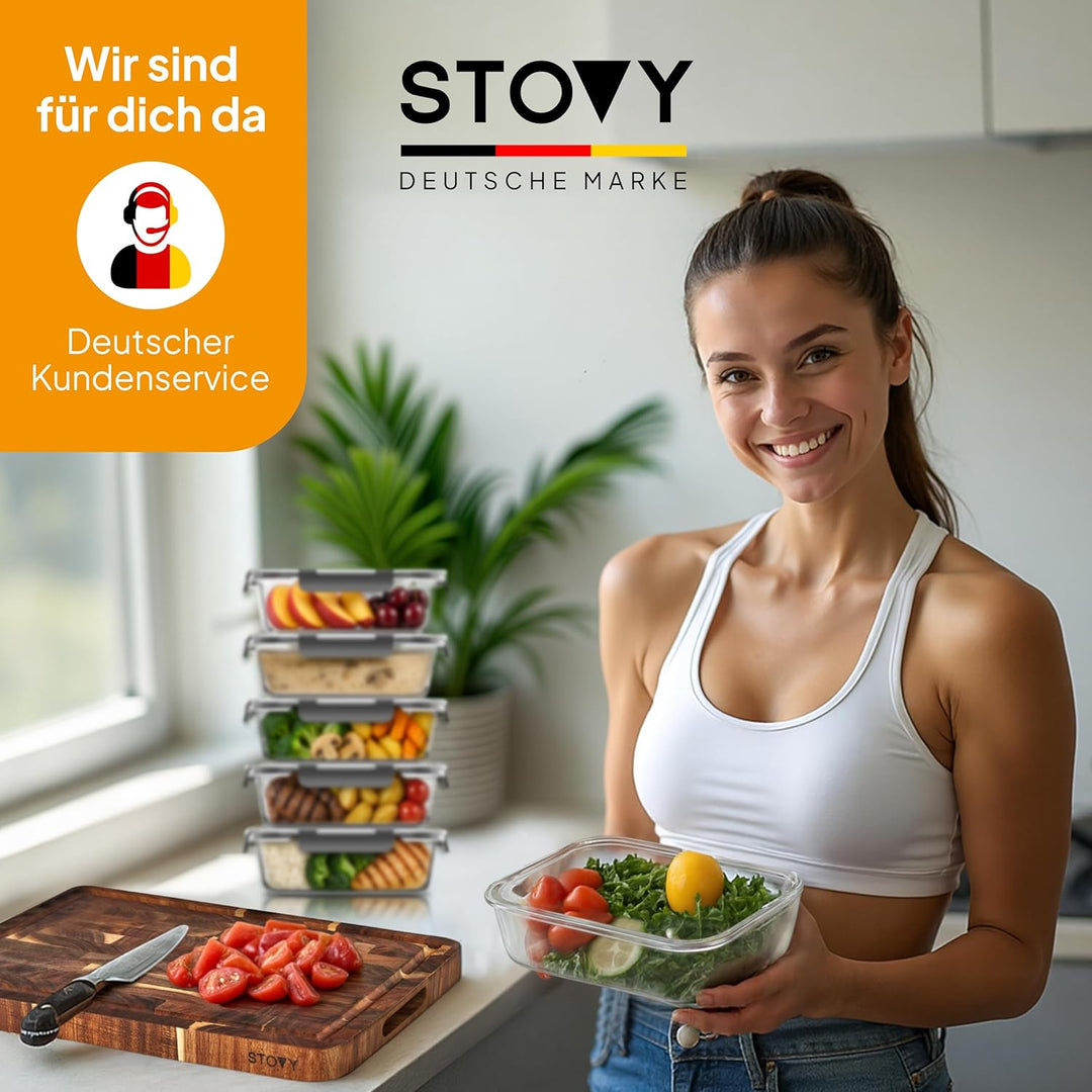 STOVY® Meal Prep Boxen Glas - 5x 1040ml I Glasbehälter mit Deckel - Ideal für komplette Mahlzeiten I