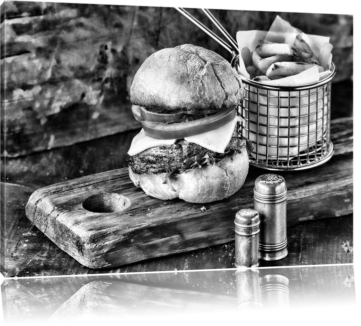 Pixxprint Cheesburger mit Pommes/Format: 100x70cm / Leinwandbild fertig bespannt Wandbild Kunstdruck