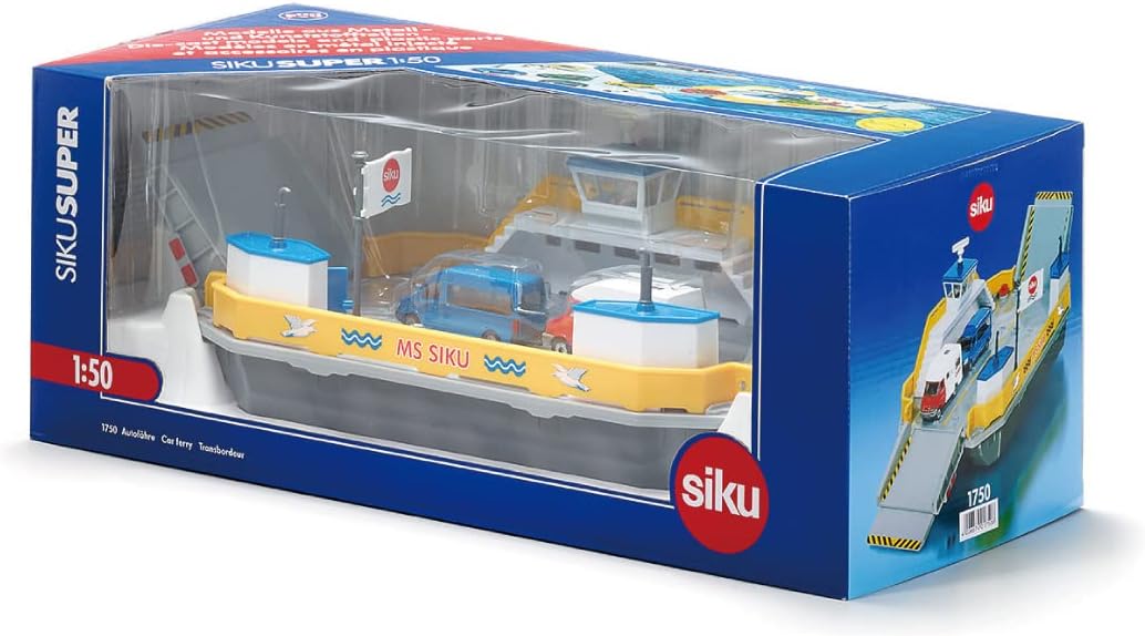 siku 1750, Autofähre, 1:50, Metall/Kunststoff, Inkl. 2 Spielzeug-Autos, Gelb/Grau, Schwimmfähig, Bew
