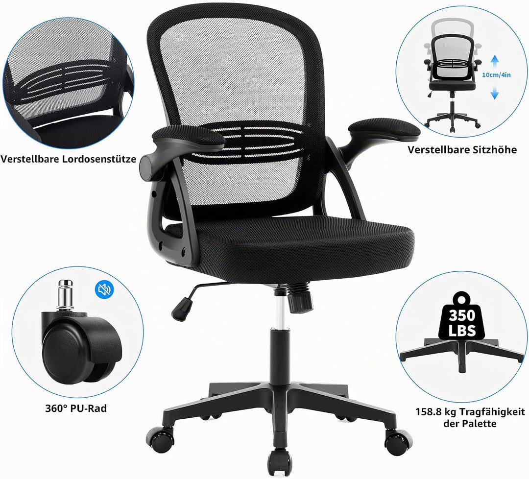Fizzin Ergonomischer Bürostuhl Schwarz Schreibtischstuhl, 150 kg | Mesh Drehstuhl mit gepolsterten k