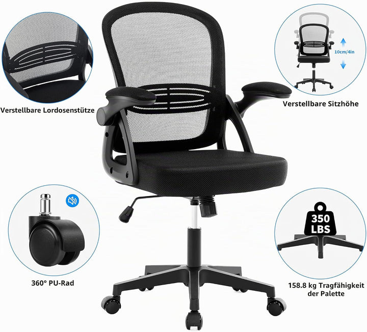 Fizzin Ergonomischer Bürostuhl Schwarz Schreibtischstuhl, 150 kg | Mesh Drehstuhl mit gepolsterten k
