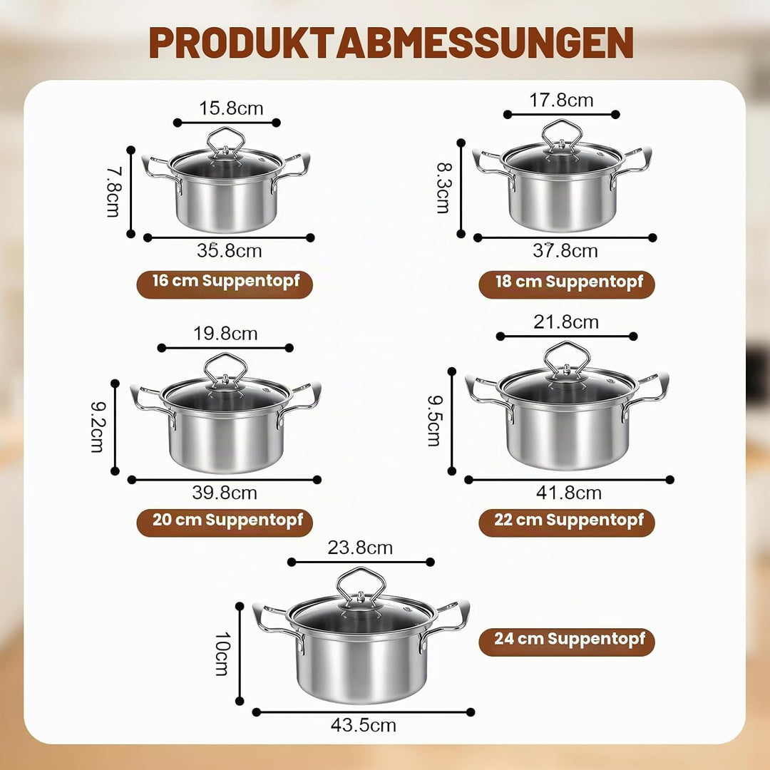 Topfset Induktion 10-Teilig, Topfset aus Edelstahl mit Glasdeckel | Induktions Töpfe set, für alle H