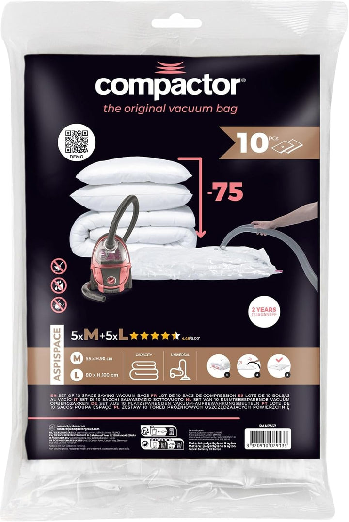Compactor - 10er-Set Vakuumbeutel (5x M 90x55 cm + 5x L 100x80 cm) - Kleidung, Bettwäsche, Decken un