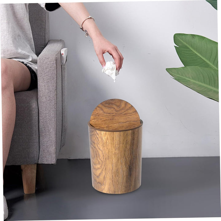 Retro-Mülleimer, Holzmaserung, kleiner Mülleimer mit Schwingdeckel, runder, wiederverwendbarer Abfal