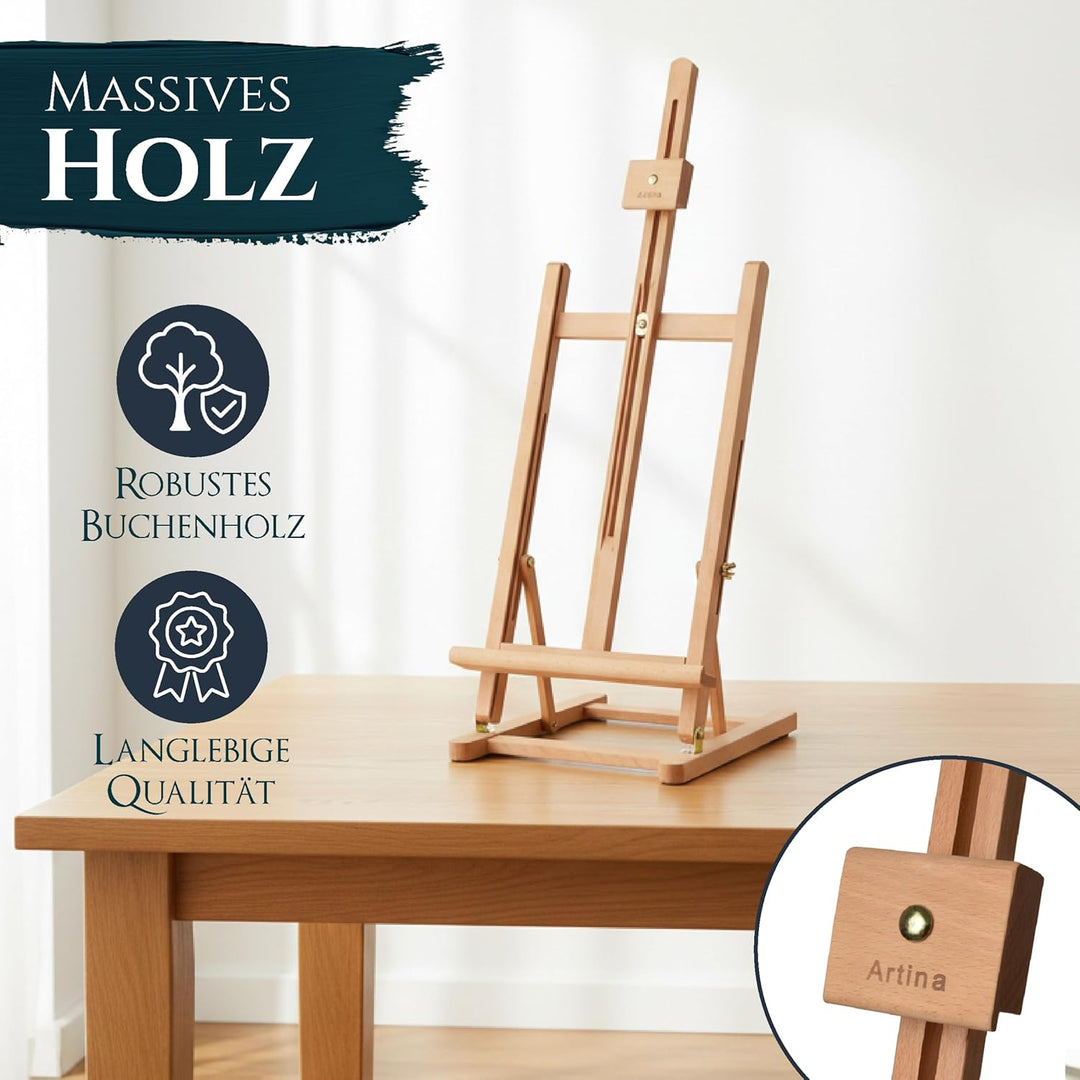 Artina Holz Tischstaffelei für Keilrahmen bis zu 57cm - Malstaffelei Holz stabil – Staffelei Buchenh