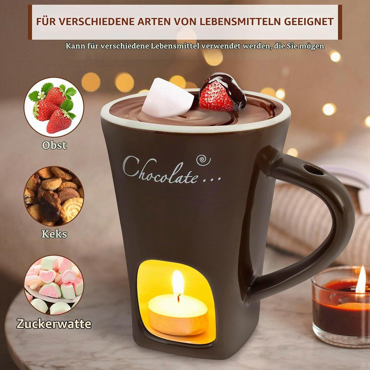 2 Stück Schokofondue Tasse,Keramik Schokoladenfondue Tasse mit Gabel Neu Käsefondue Set,Mehrzweck We