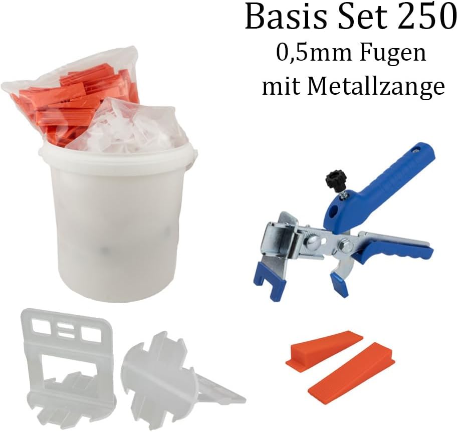 Nivelliersystem 0,5 mm Fugenbreite! Für eine Fliesenstärke von 3-12mm geeignet! Basis-Set 250L+250K+