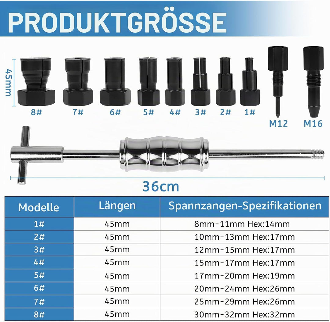 12 TLG Lagerabzieher 8-32 mm Sackloch Innenlager Abzieher Lager Abzieher Set mit Gleithammer und Erw