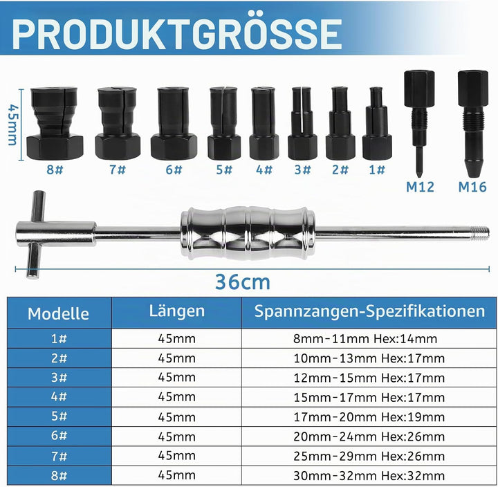 12 TLG Lagerabzieher 8-32 mm Sackloch Innenlager Abzieher Lager Abzieher Set mit Gleithammer und Erw