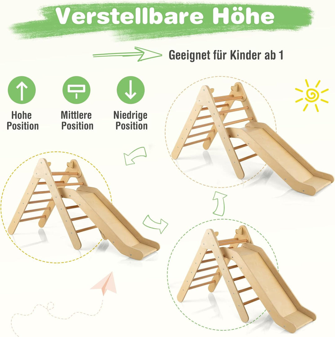 COSTWAY Kletterdreieck mit Rutsche, Klettergerüst aus Holz, Sprossendreieck zum Rutschen und Kletter