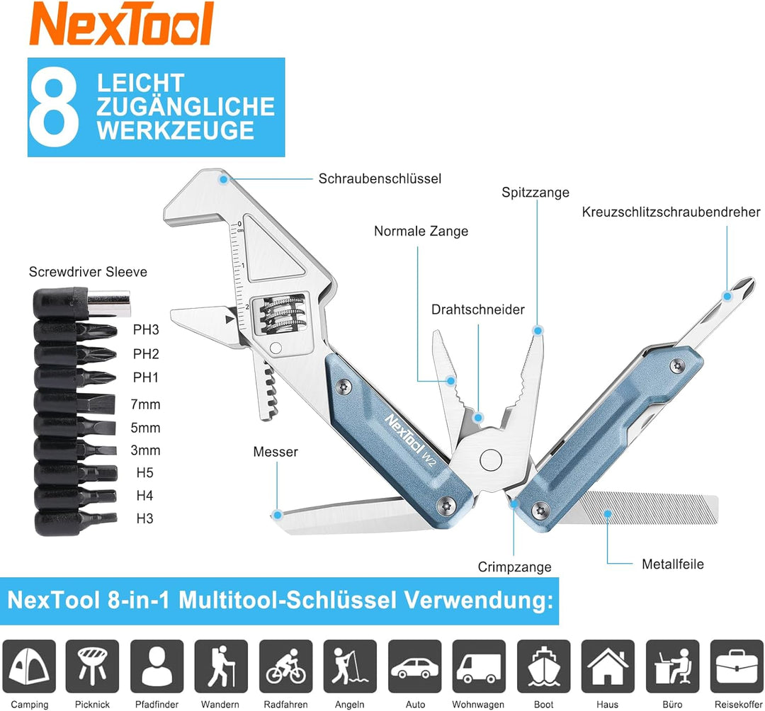 NexTool W2 Multitool, 8 in 1 Multi Tool Werkzeug mit verstellbarem Schraubenschlüssel, Multitool Zan