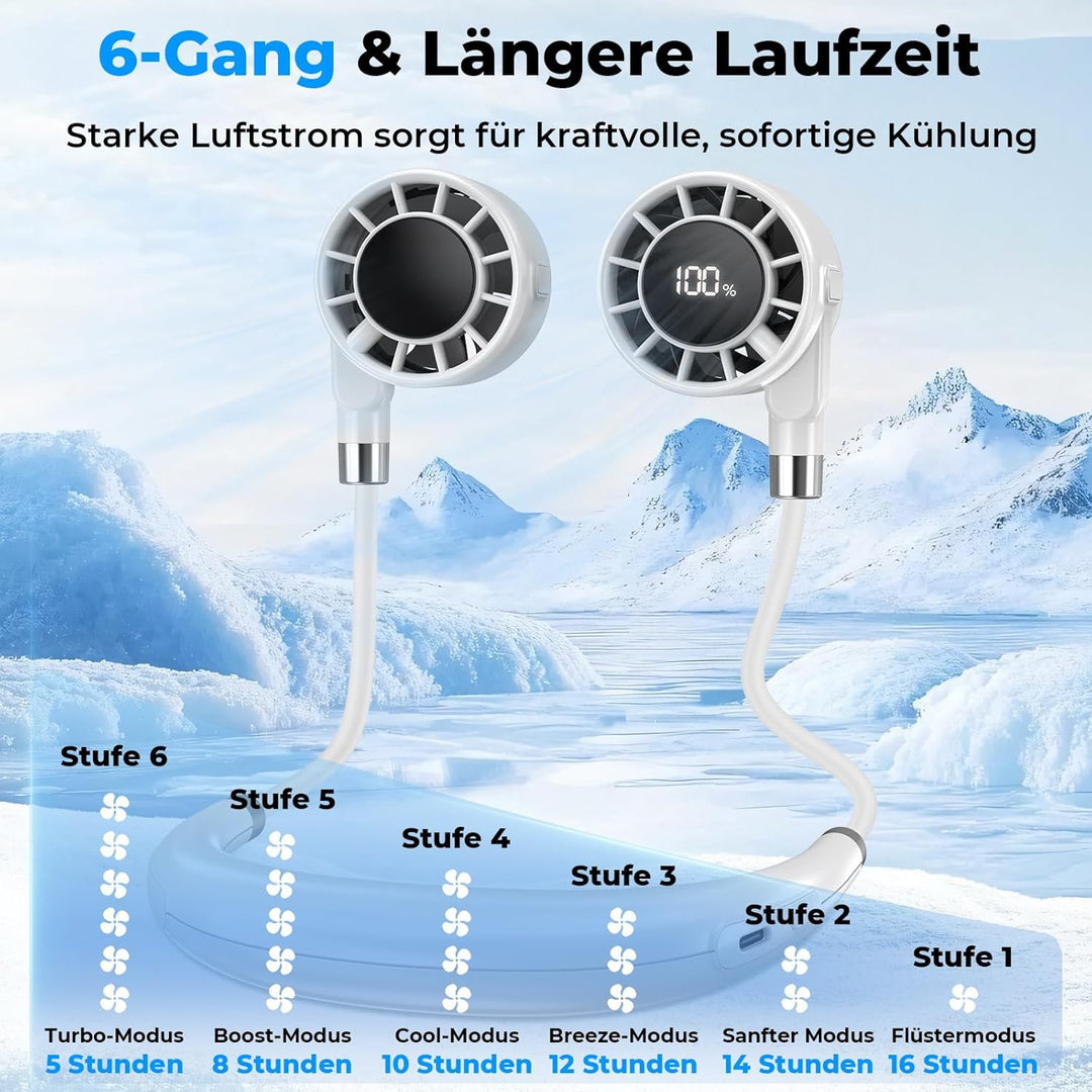 Nackenventilator, Tragbarer Halsventilator mit 4000 mAh Akku, 6 Stufen & 360° Luftstrom, Extrem Leis