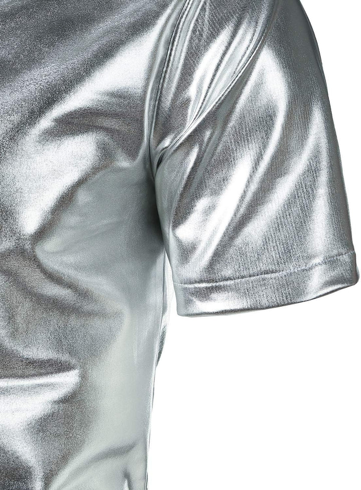 JOGAL Herren Metallic Glänzend Bronzing Nachtklub Party Hemd Silber XXL, Silber XXL