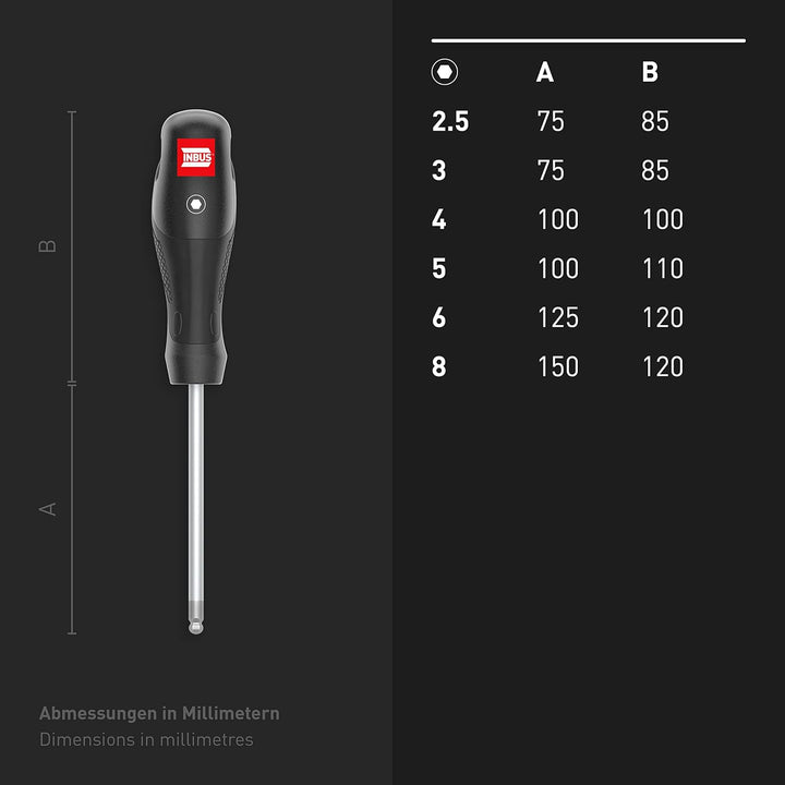 INBUS® 79863 Schraubendreher Set 6tlg, 2.5–8mm, mit Kugelkopf & HybridTouch 6× HX (2.5 – 8 mm), 6× H