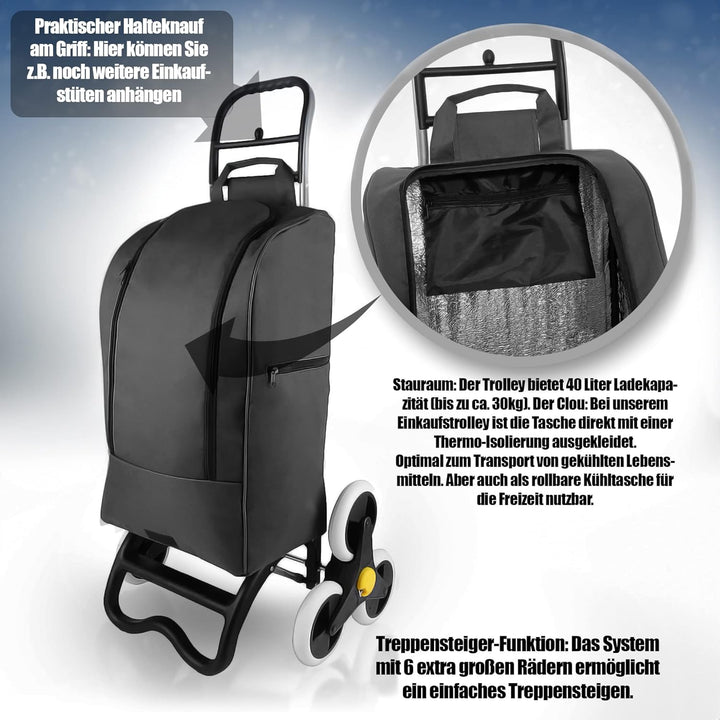 BigDean Einkaufstrolley mit Treppensteiger-Funktion, Kühlfach & 6 grossen Rädern - 40L faltbar schwa