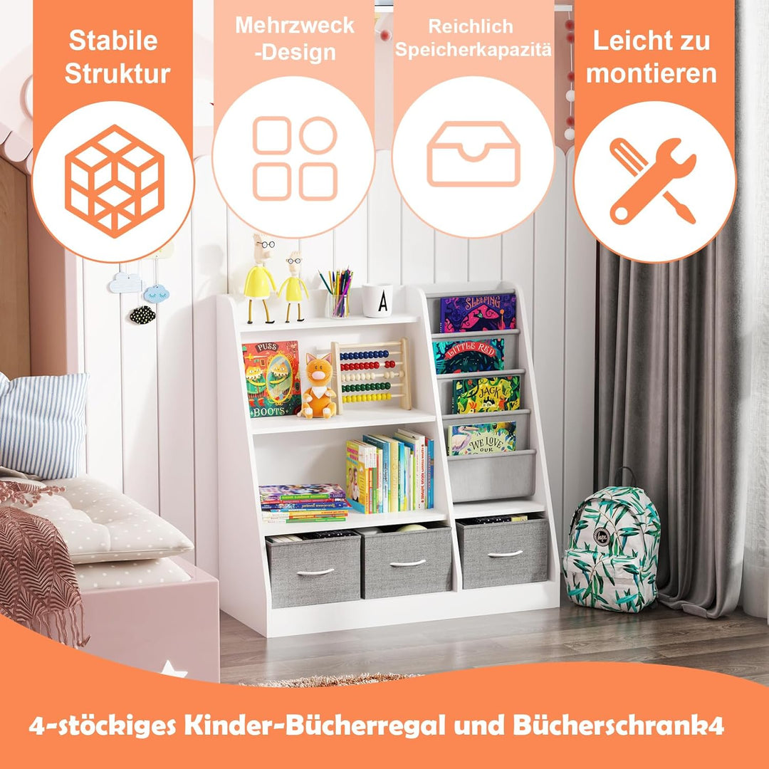 KEEPREAPER Kinderregal mit 3 Aufbewahrungsboxen, Bücherregal Kinder aus Holz mit 4 Ablage & 3 offnen