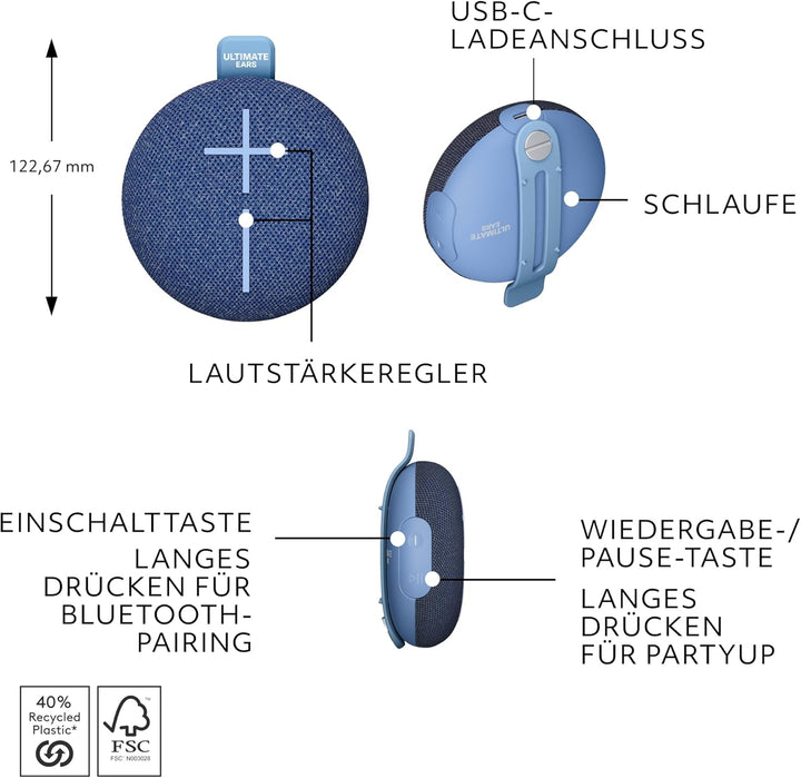 ULTIMATE EARS MINIROLL Ultraportabler wasserdichter Bluetooth-Lautsprecher, starker Bass, staubdicht
