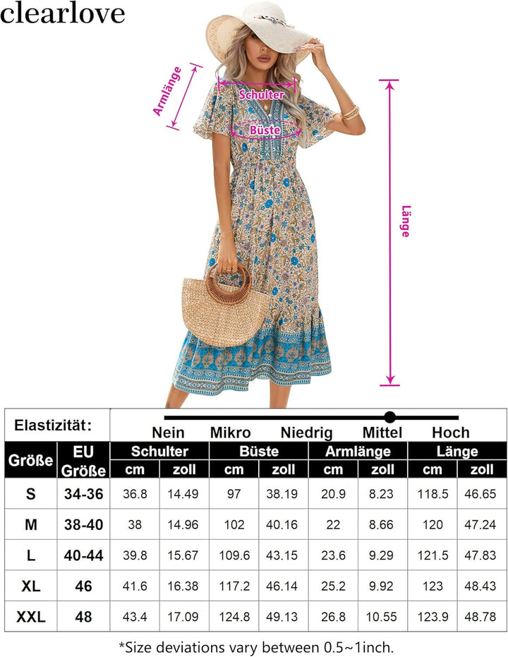 Clearlove Damen Sommerkleid Boho Kurzarm Midi Kleider V-Ausschnitt Strandkleid lang Blumenkleid Rüsc