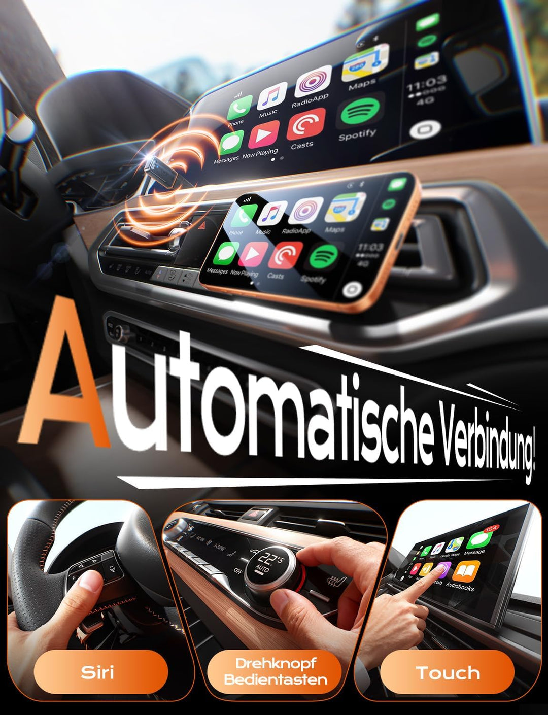 für Apple Carplay Wireless Adapter, 3X Verbindung, Mini Keine Latenz Wireless Carplay Adapter, Plug