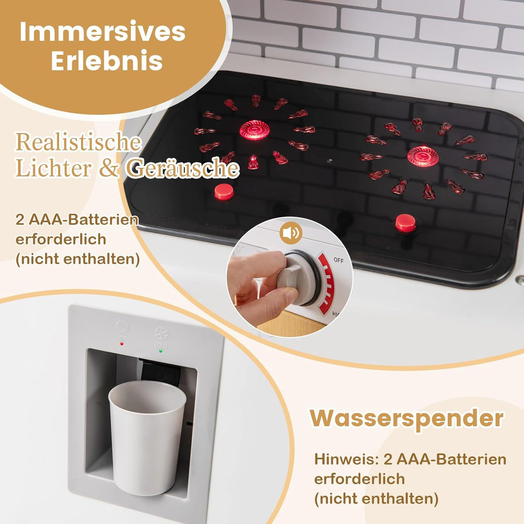 COSTWAY Kinderküche mit Licht und Sound, Spielküchen Holz mit Ofen Mikrowelle Telefon Wasserspender,