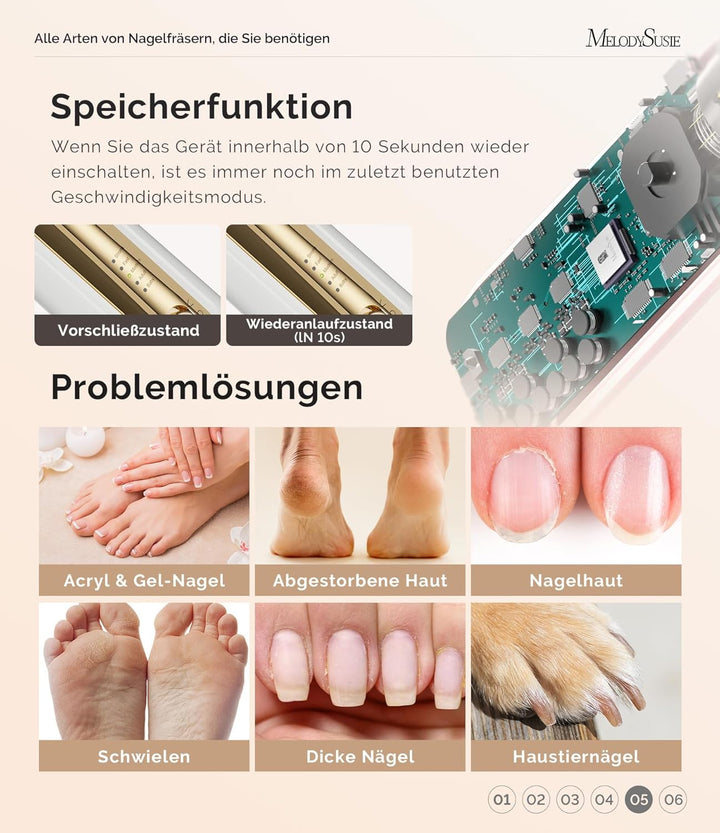 MelodySusie Professionelles Maniküre/Pediküre Set, PC760G 8 in 1 Elektrischer Nagelfräser mit 5 Gesc